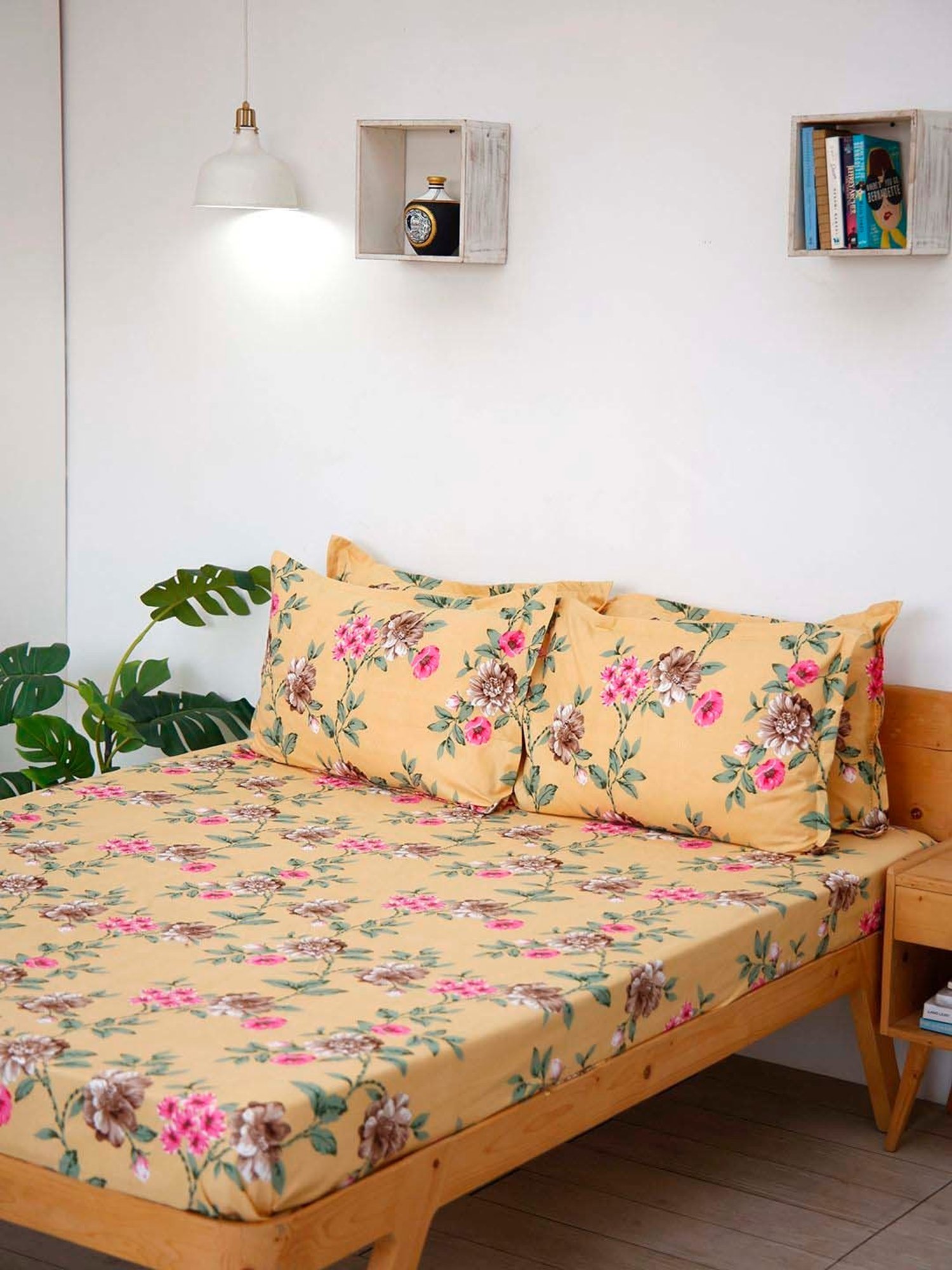 Ariana Yellow Microfibre 144 TC Queen Bedsheet With 2 Pillow Covers