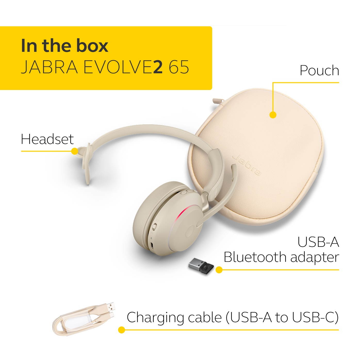 Jabra Evolve2 65 USB-A UC Mono - Beige Wireless Headset / Music Headphones
