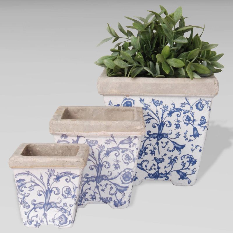 3pc 8" Ceramic Aged Nesting Planters Blue - Esschert Design
