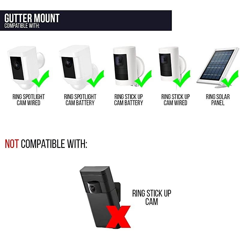 Weatherproof Gutter Mount Compatible with Ring Spotlight Cam Battery amp Wired Ring Stick Up Cam Battery amp Wired and Ring Solar Panel with Universal Adapters Black