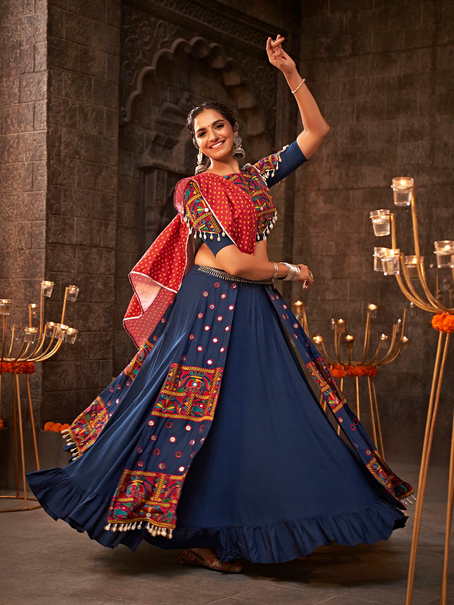 SHUBHKALA Dark Blue Embroidered Lehenga Choli Set With Dupatta