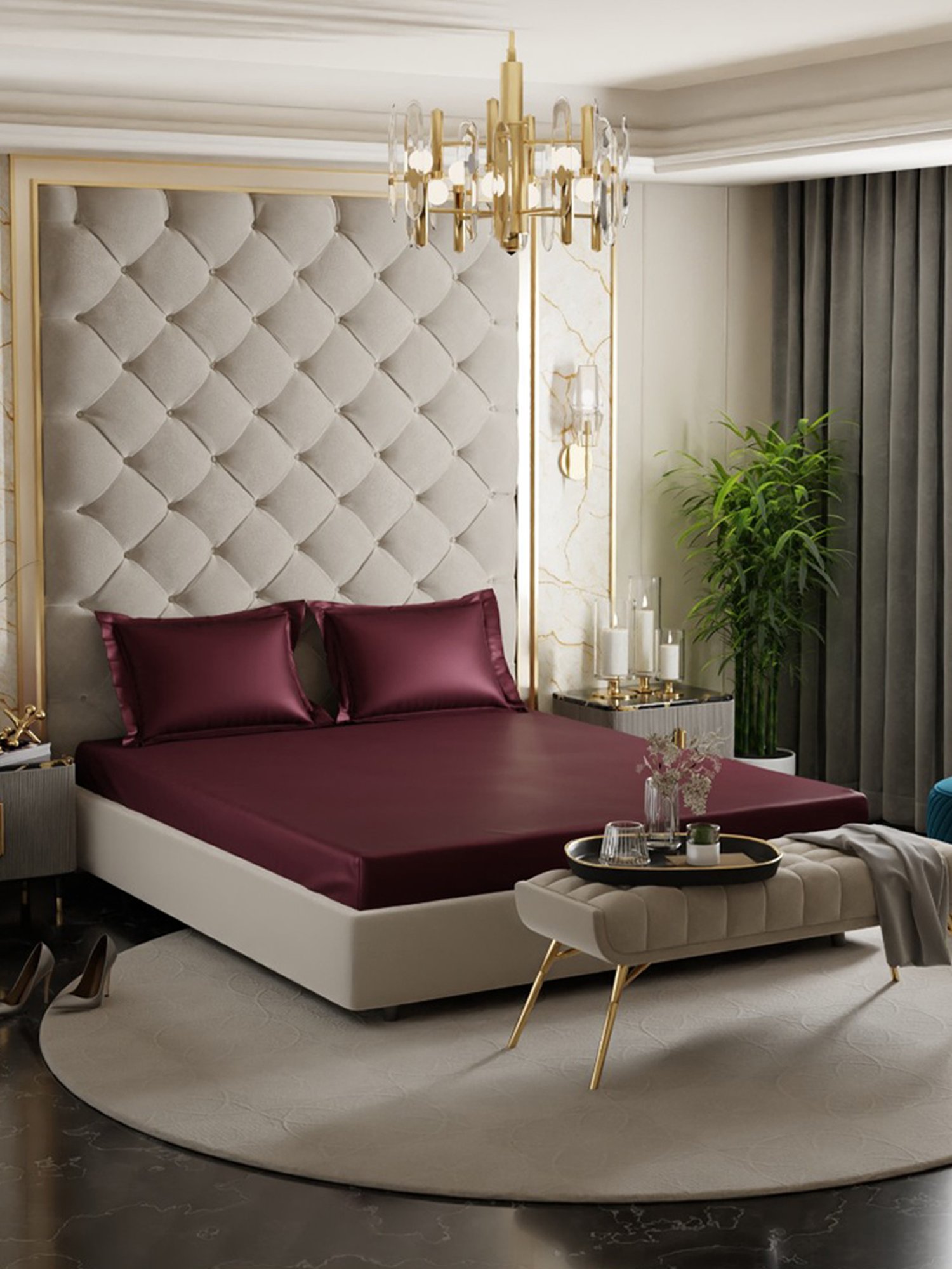 Stoa Paris Maroon 300 TC Polyester Super King Fitted Sheet with 2 Pillow Covers