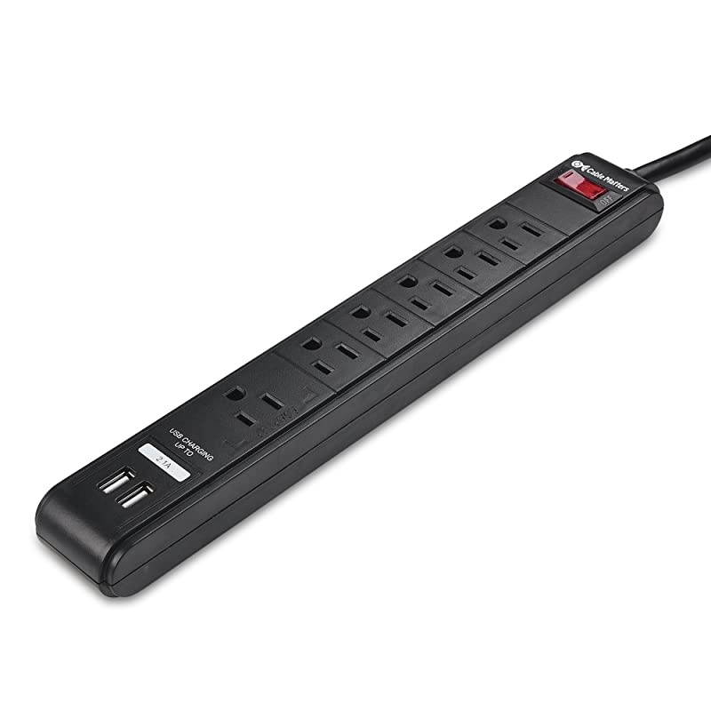 2Pack 6 Outlet Surge Protector Power Strip with USB Charging Ports 300 Joules with 8 Foot Power Cord in Black