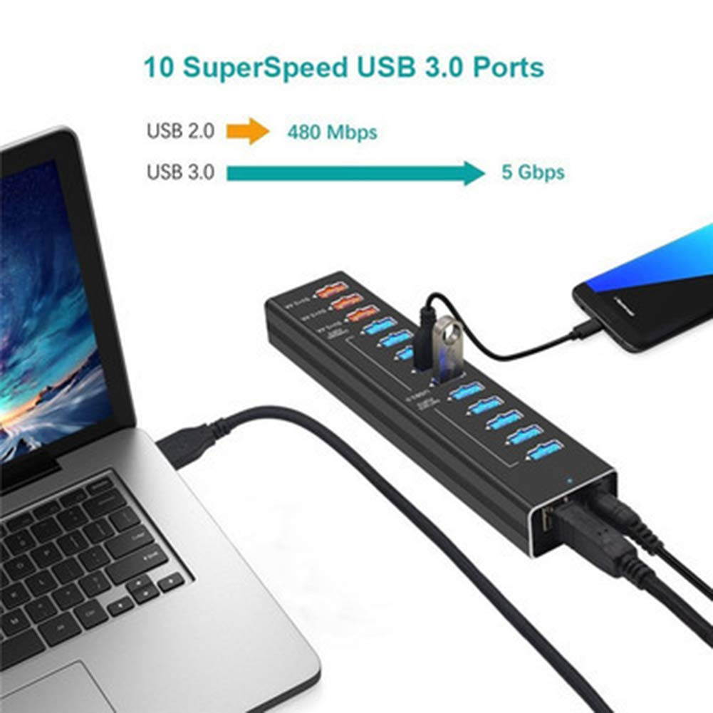STANSTAR USB Hub, All Aluminum Alloy 13 Port Hub with 3 Port Smart Fast Charge Super High Speed USB3.0 Interface Plug and Play