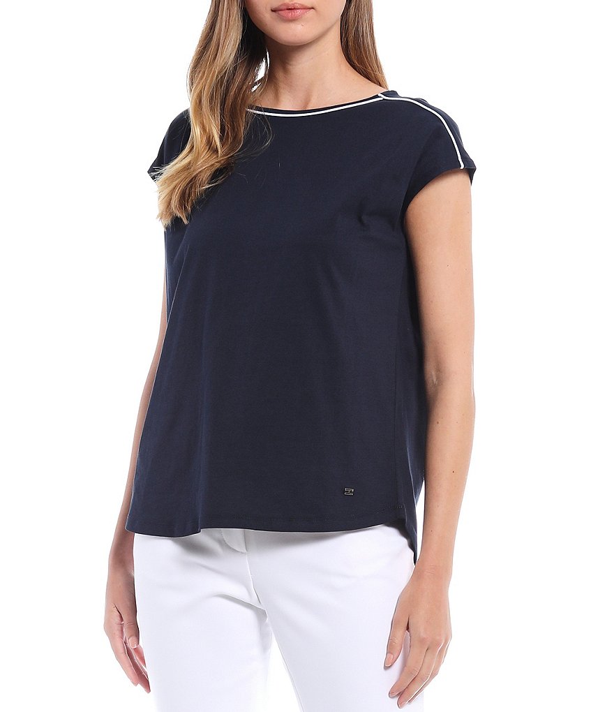 Tommy Hilfiger Lace Trim Crew Neck Cap Sleeve Top