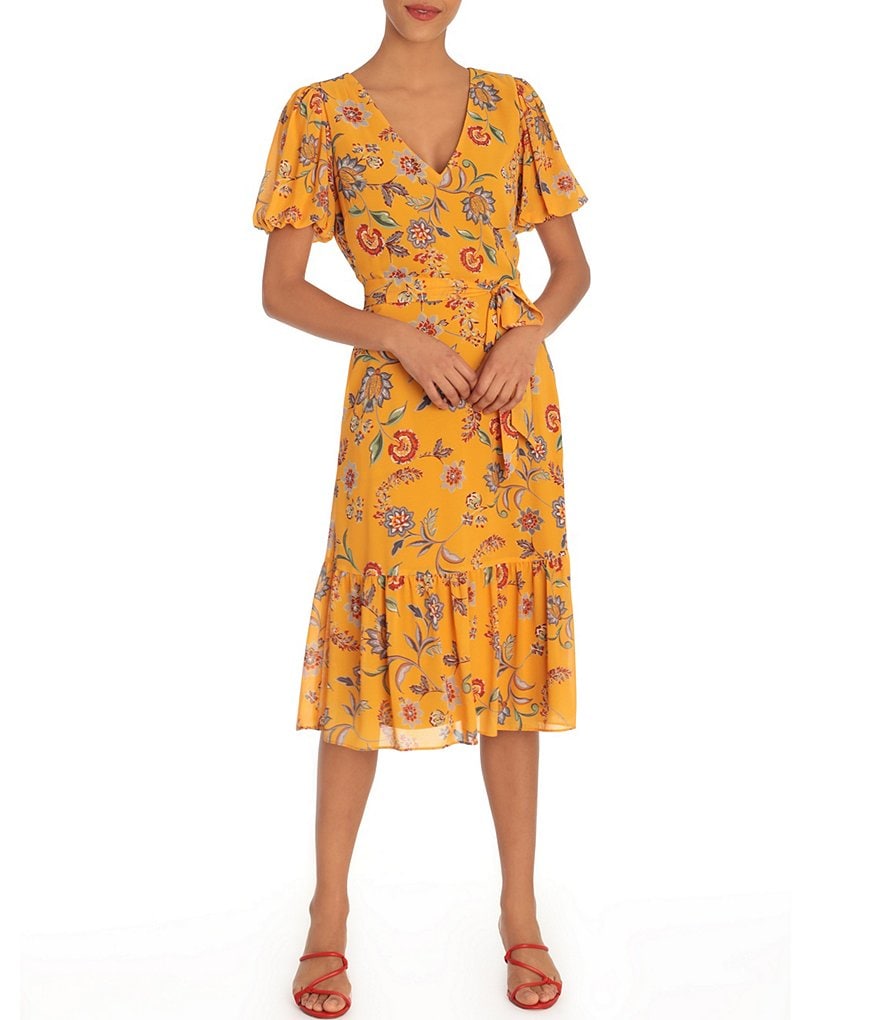 Donna Morgan Floral Chiffon Flounce Hem Short Bubble Sleeve Dress