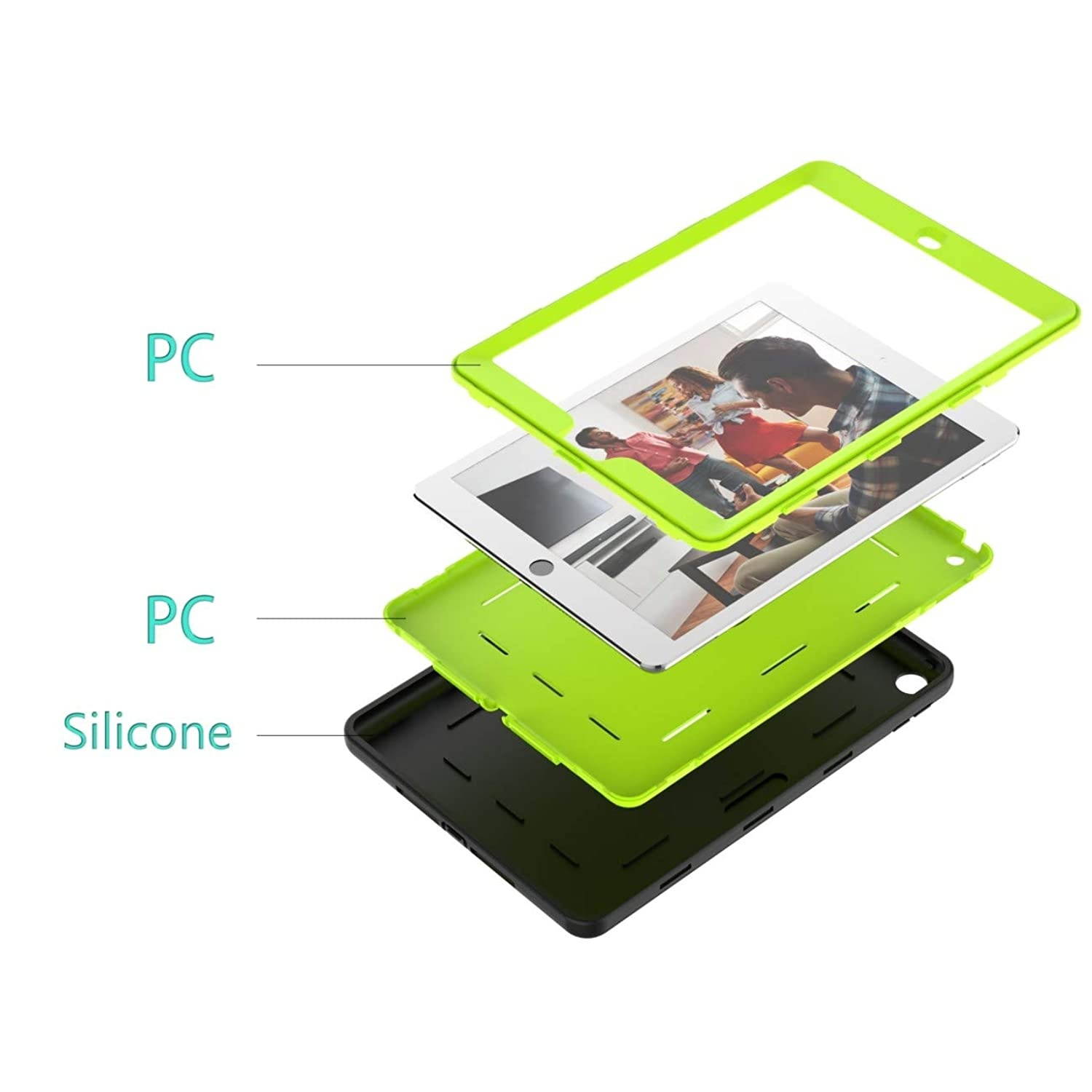 Air 1st Generation Ipad Case, IPad 6th / 5th Generation Case Caver, High-Impact Shock Absorbent Silicone Hard Plastic Dual Layer Protective Case Black Green