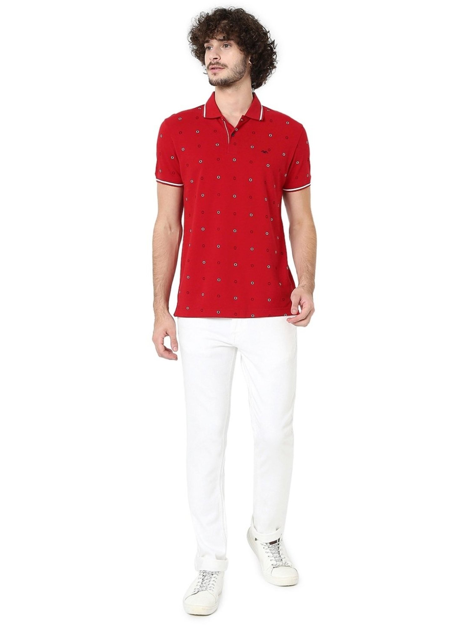 Mufti Red Cotton Slim Fit Printed Polo T-Shirt