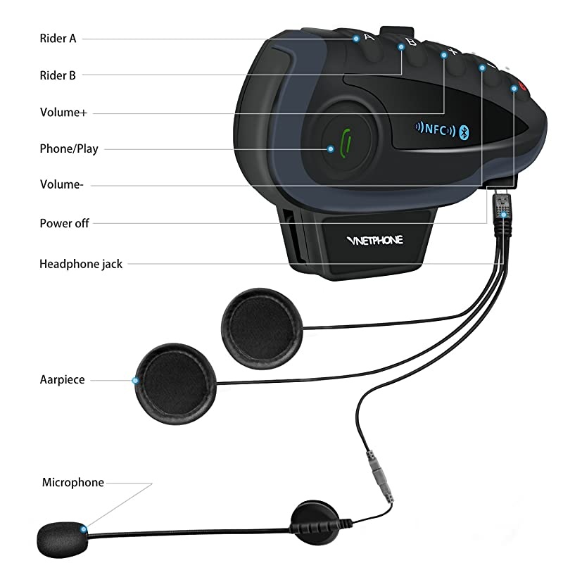 V8 Bluetooth Intercom Motorcycle Helmet Headset with Remote Control Handle FM Radio Among for 5 Riders Full Duplex 1200M Communication