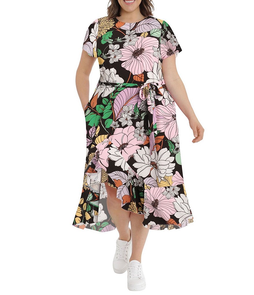 London Times Plus Size Jewel Neck Short Sleeve Floral Flounce Hi-Low Hem Maxi Dress