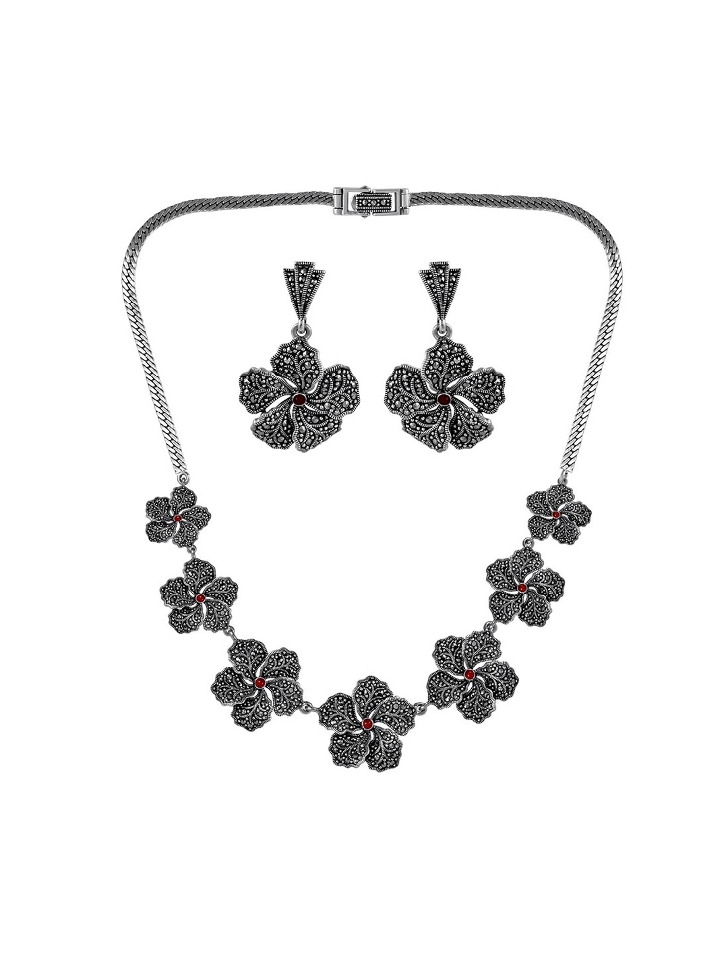 Rihi by P.C. Chandra Jewellers Oxidized Flower Necklace And Earring Set With Maroon Stone