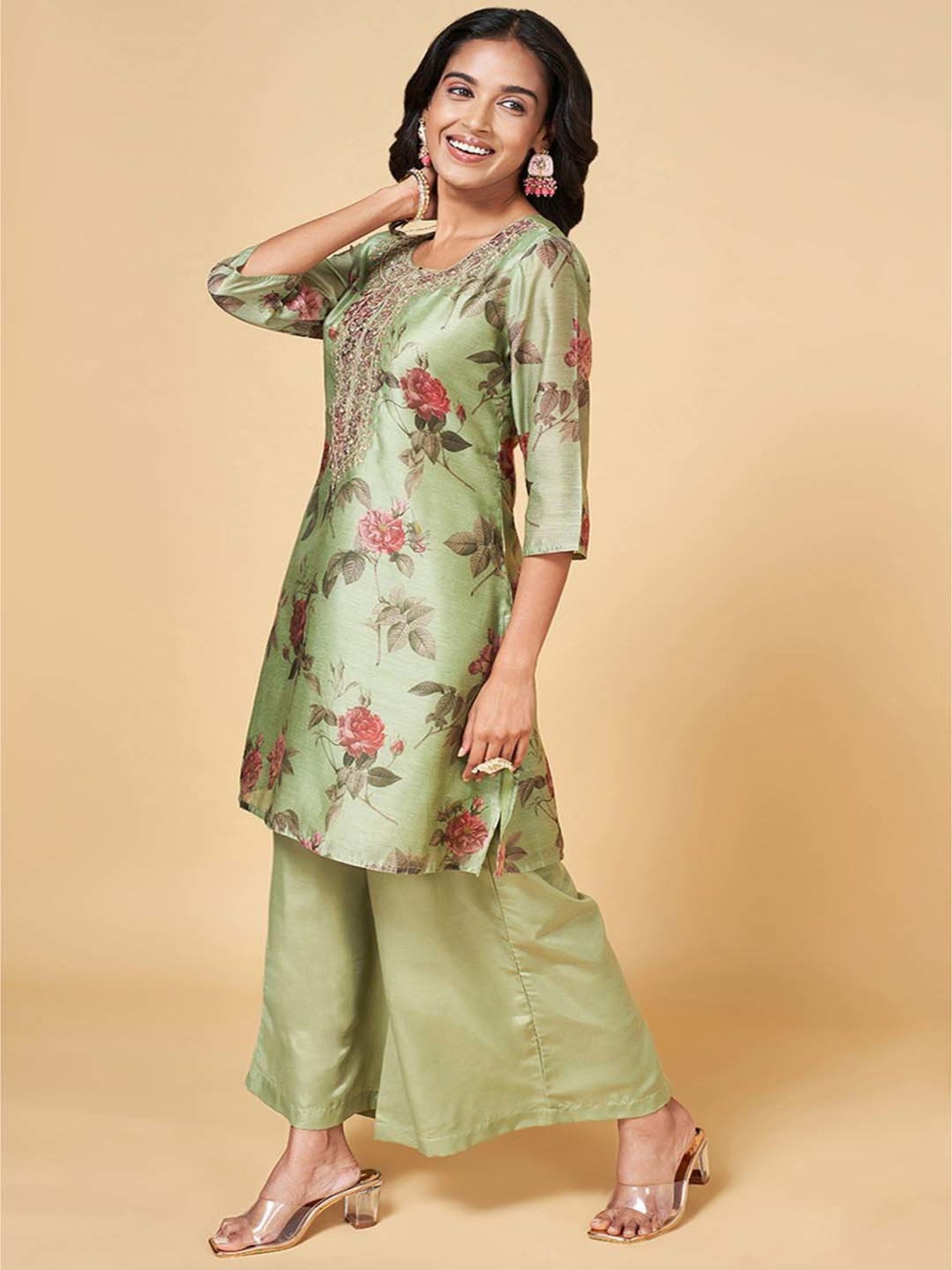 Rangmanch by Pantaloons Green Printed Kurti Palazzo Set With Dupatta