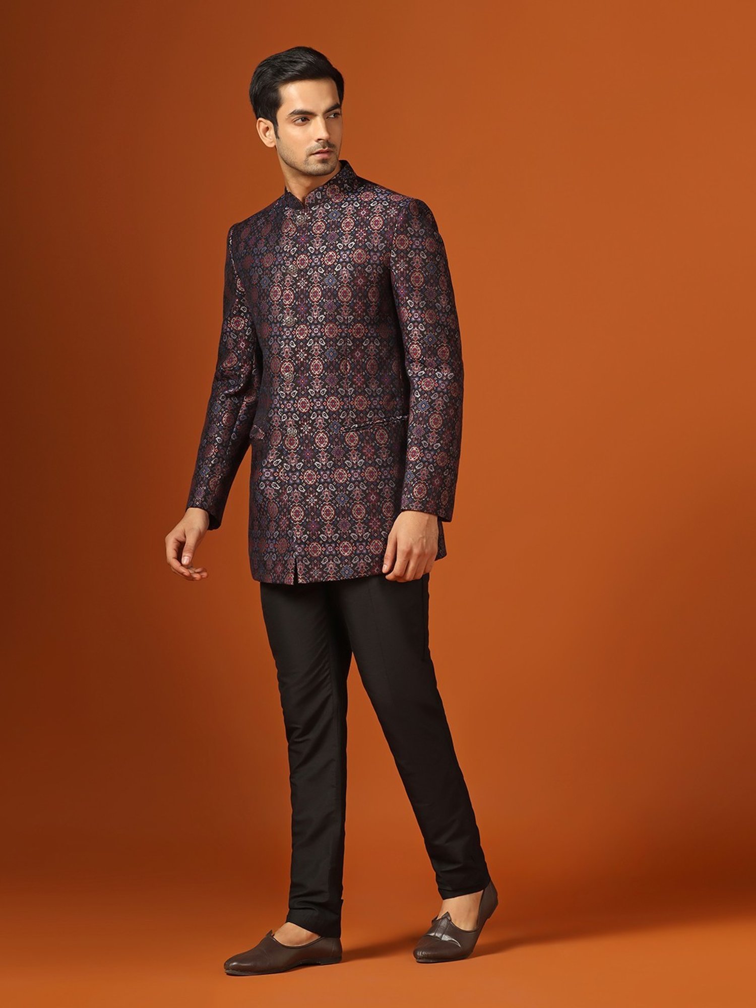 KISAH Black Regular Fit Self Pattern Sherwani Set