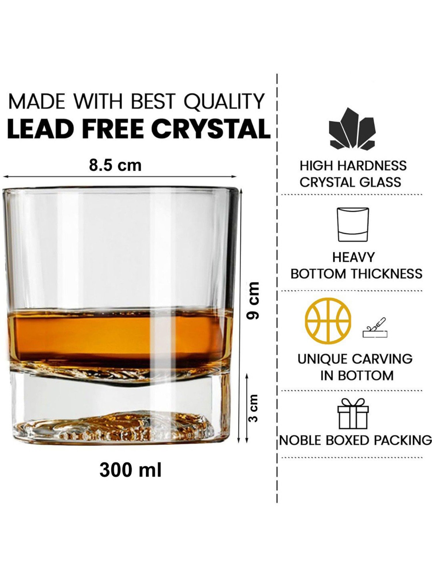 Melbify Gold Basket Ball Transparent Whiskey Glass 300ml - Set of 2