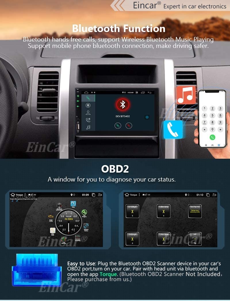 EINCAR 7" Android Head Unit Quad Core HD Capacitive Touch Screen Double 2 Din Car Radio Support Bluetooth 1080P Mirrorlink Auto GPS Navigation Stereo System PC Tablet Reverse Camera OBD WIFI 4G USB