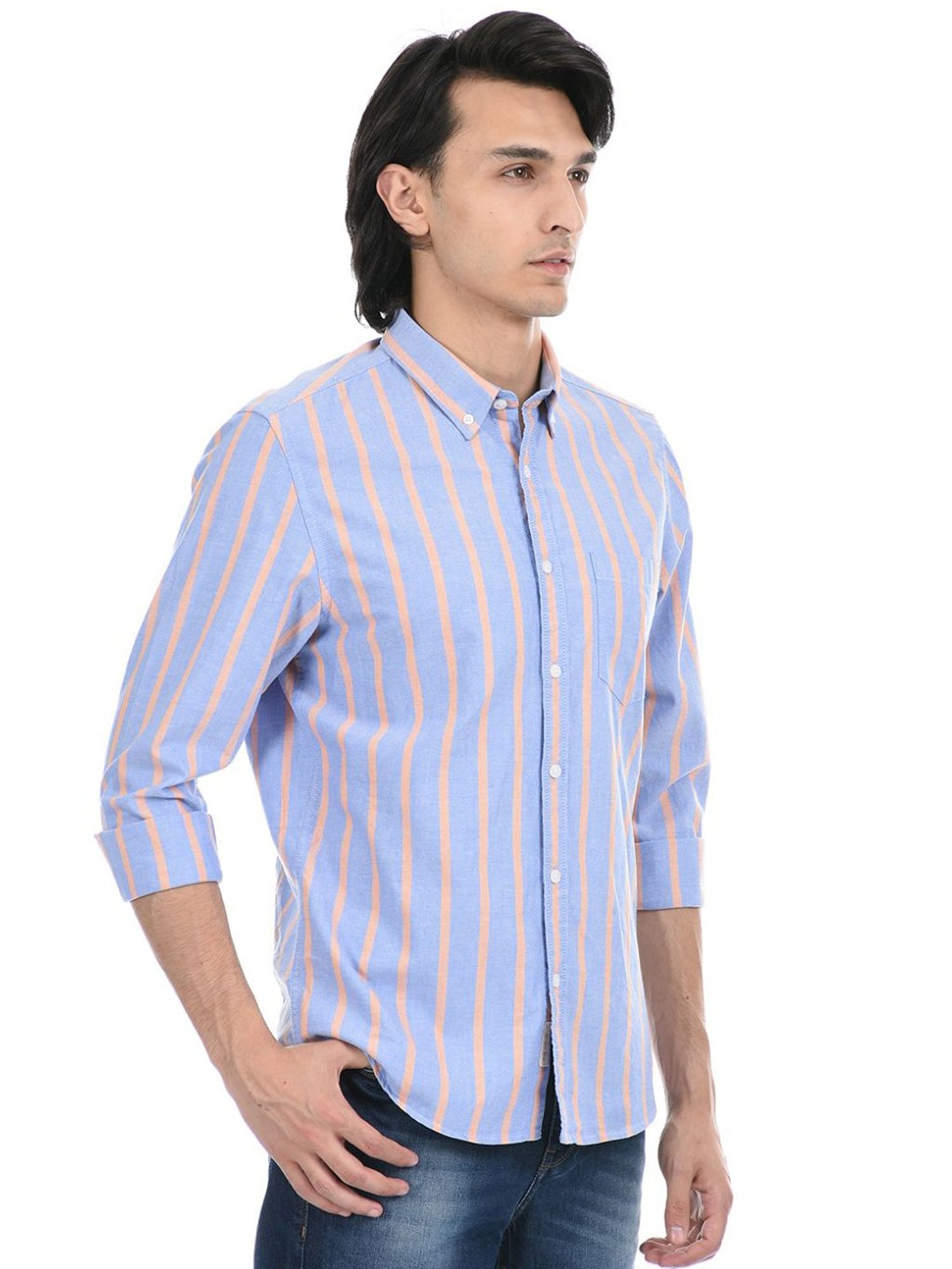 London Fog Blue Regular Fit Striped Shirt