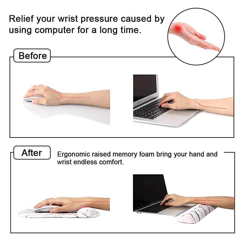 Keyboard Wrist Rest and Mouse Pad Wrist Support Set, Soft Memory Foam Filled Mouse Wrist with Massage Holes Design for Computer, Laptop, Mac, Gaming or Office Pain Relief, Gold Marble