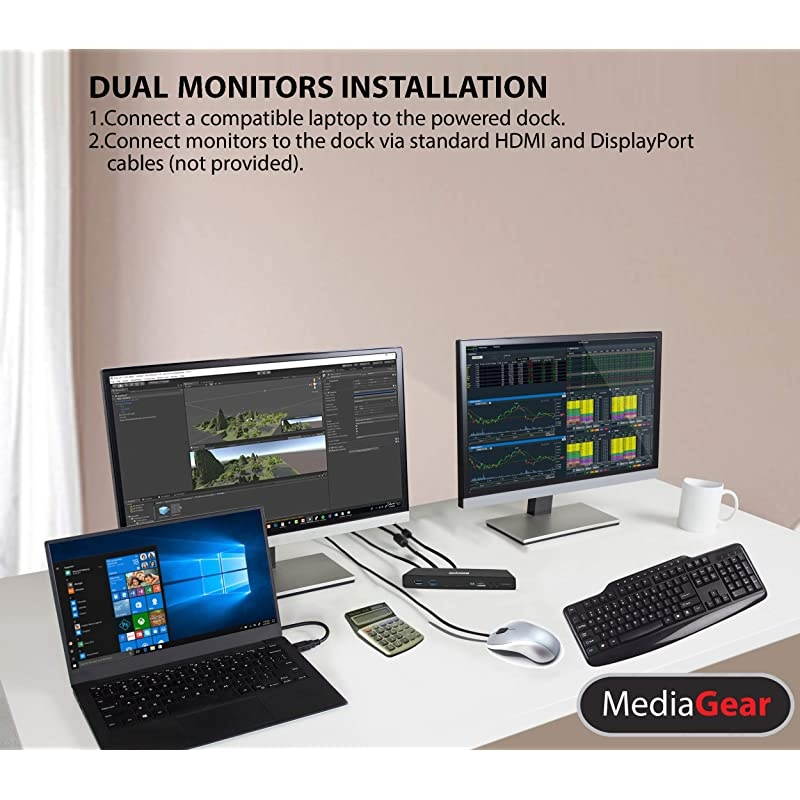 USB C Docking Station w 45W Laptop Power Delivery Dual HDMI+DisplayPort USB 3020 Ethernet AudioMic Jack Bundle 65W AC Adapter CC Cable CA Dongle for Mac amp Windows OS