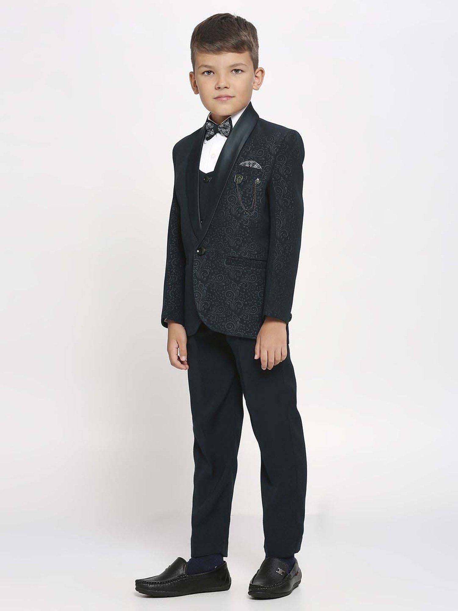 Kids Island Boys Green & White Embossed Full Sleeves Suit Set