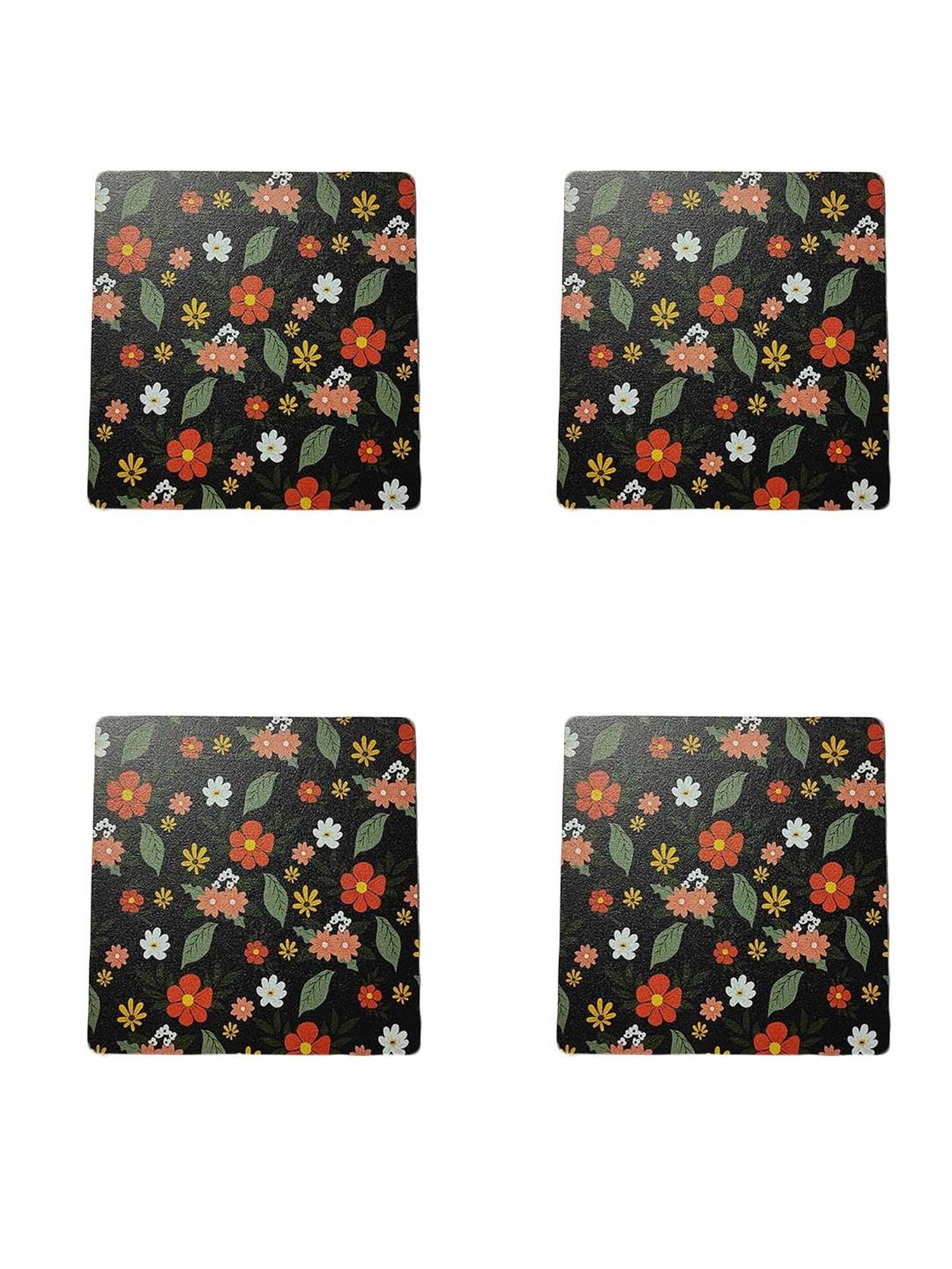 Crayton Black Wooden Floral Printed Square Coasters - Set of 4