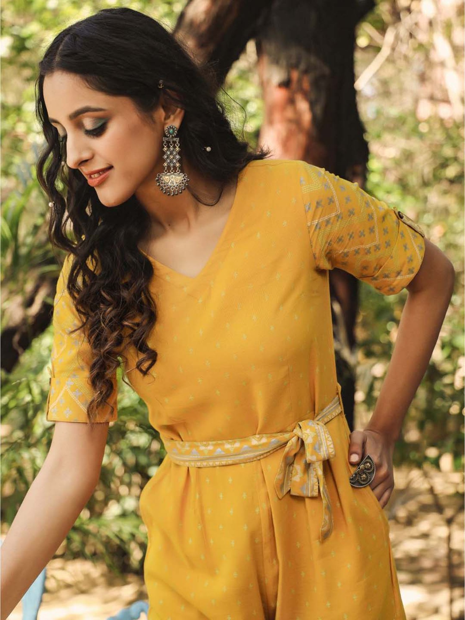 Juniper Mustard Ethnic Motif Printed Rayon Flex Jumpsuit