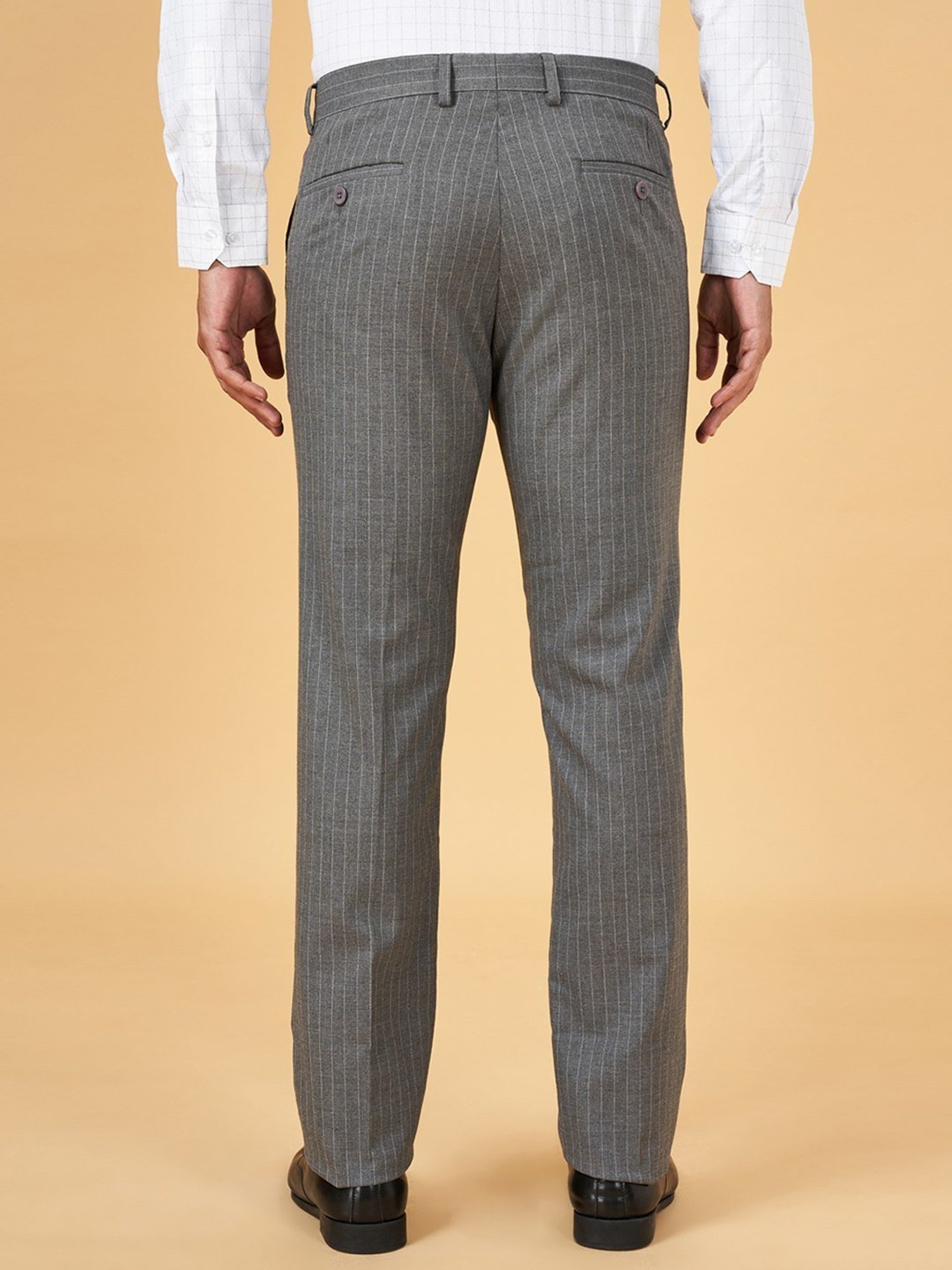 Byford by Pantaloons Grey Melange Slim Fit Striped Trousers