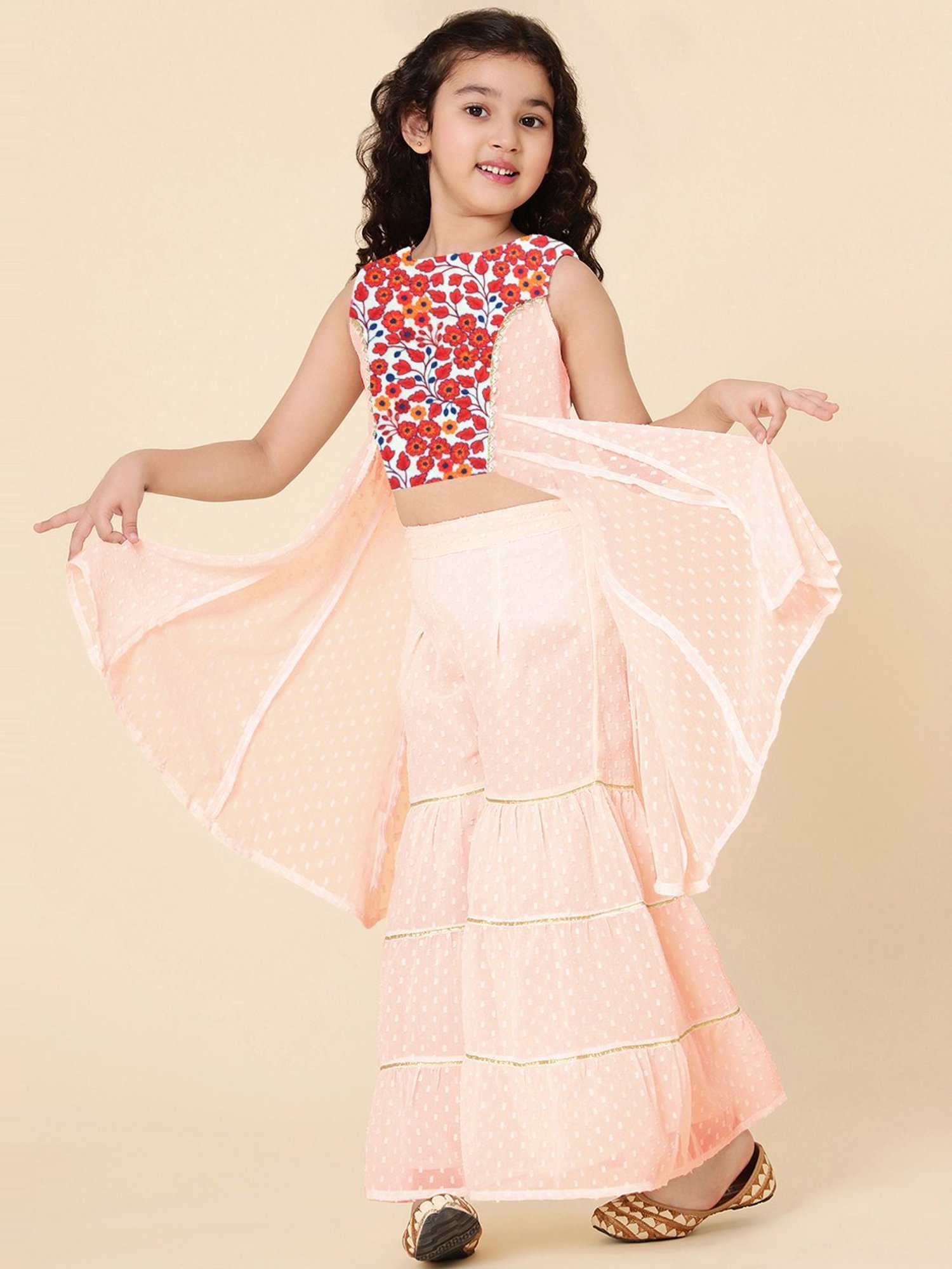 A.T.U.N. Kids Peach & Red Embroidered Kurta Set