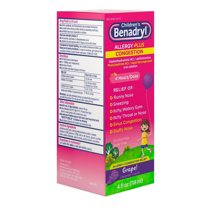 Children's Benadryl Allergy Plus Congestion Relief Liquid - Grape - Diphenhydramine - 4 fl oz
