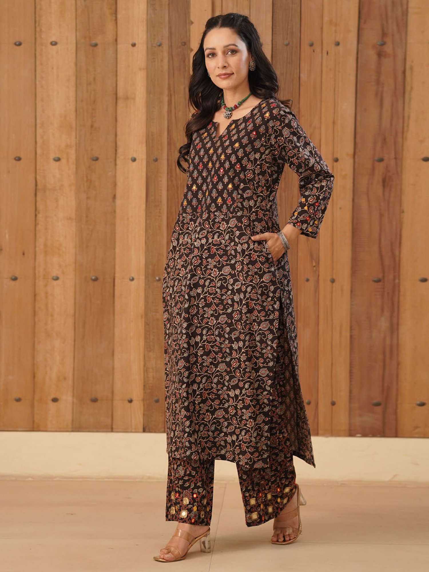 Love Chic Ajrakh Flared Kurta with delicate mirror and thread hand embroidery