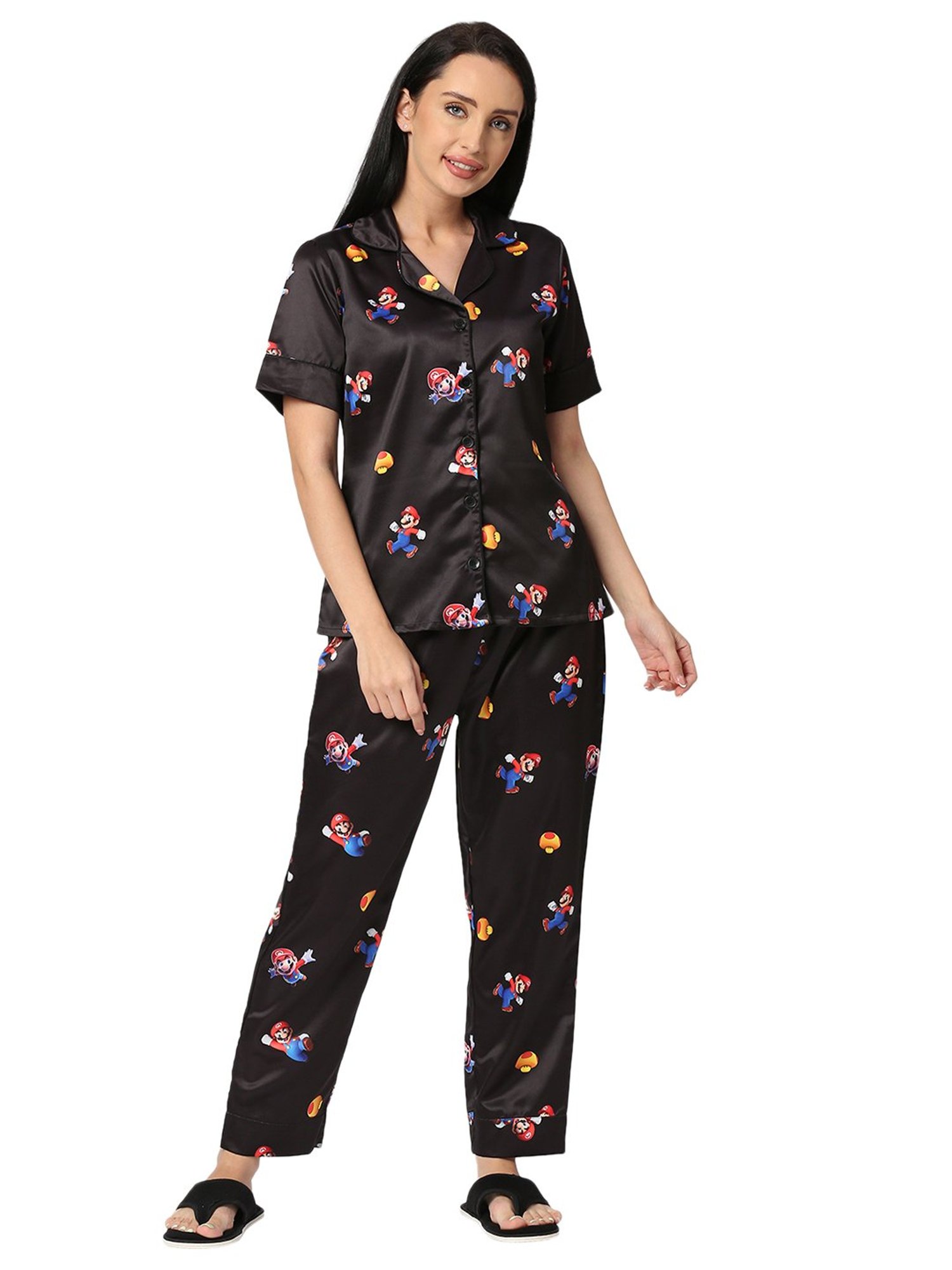 Smarty Pants Black Satin Print Shirt With Pyjamas