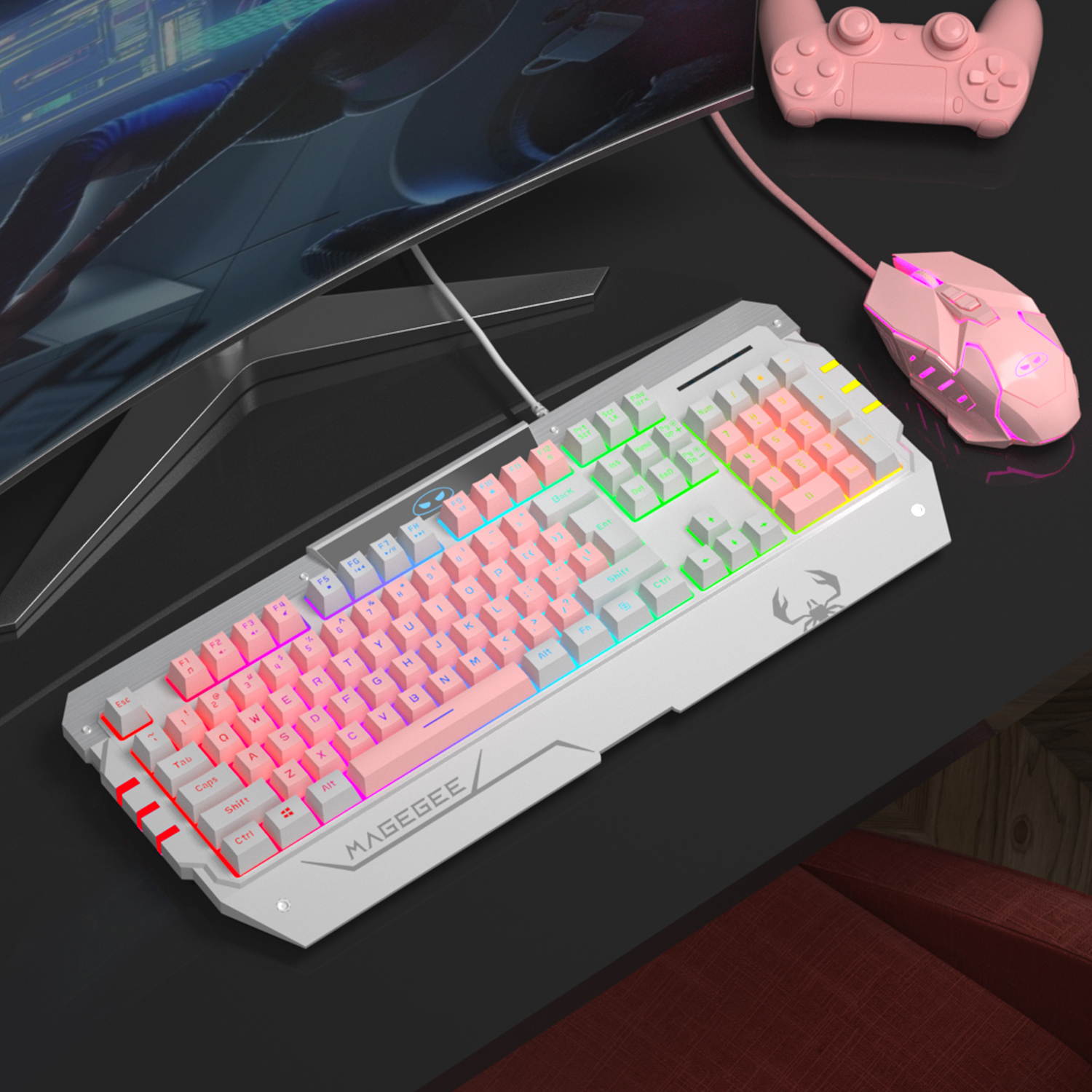 GT817 PC Gaming Keyboard and Mouse Combo, LED  USB Keyboard and Mouse Set,  Gaming Mouse and Keyboard  Key Computer PC Gaming Keyboard with Wrist Rest-Pink
