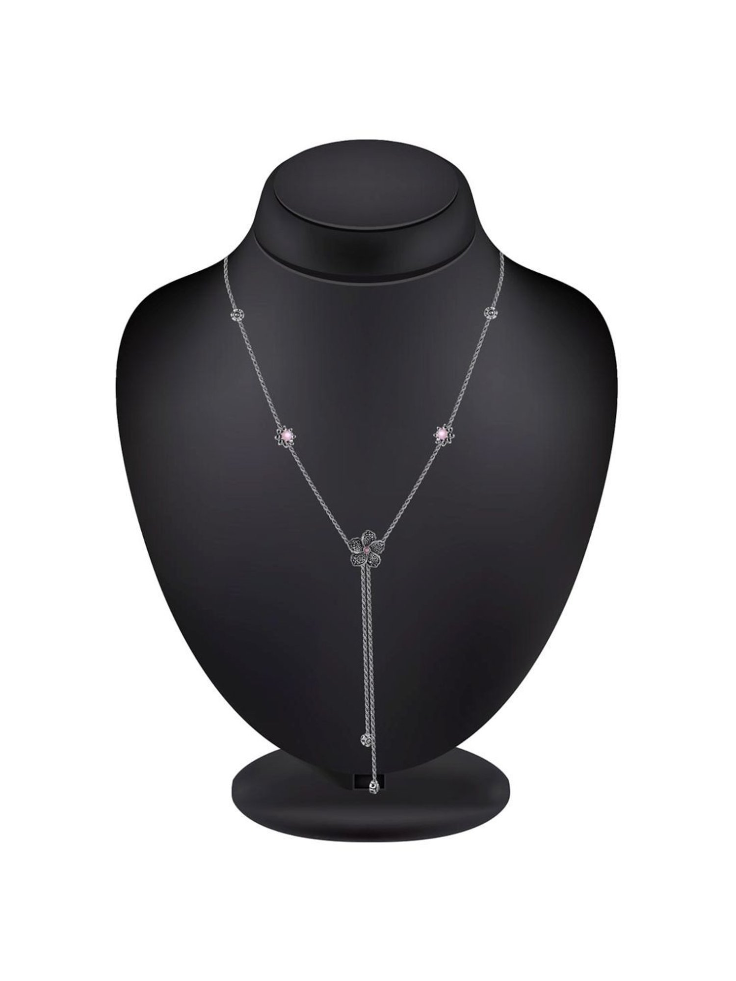 Rihi by P.C. Chandra Jewellers 925 Silver Tassel Flower Necklace Set with Pink Stone for Women