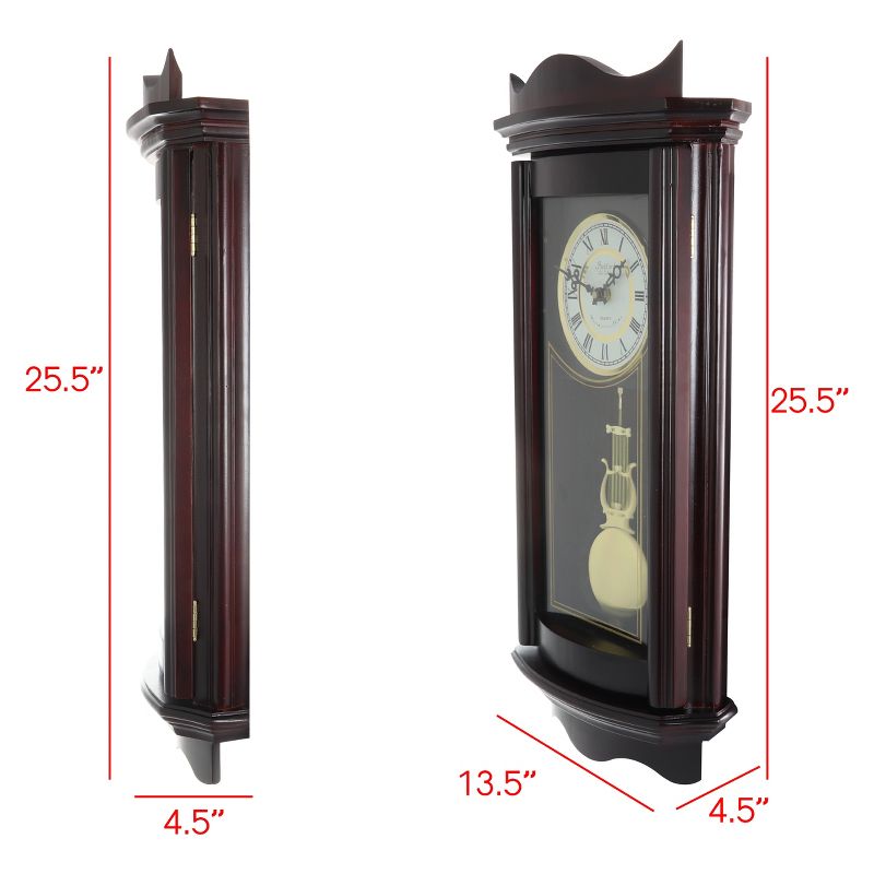 Bedford Clock Collection 25 Inch Chiming Pendulum Wall Clock in Weathered Chocolate Cherry Finish