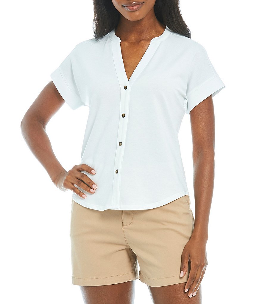 Alex Marie Lauren French Terry Knit V-Neck Button Front Short Sleeve Top
