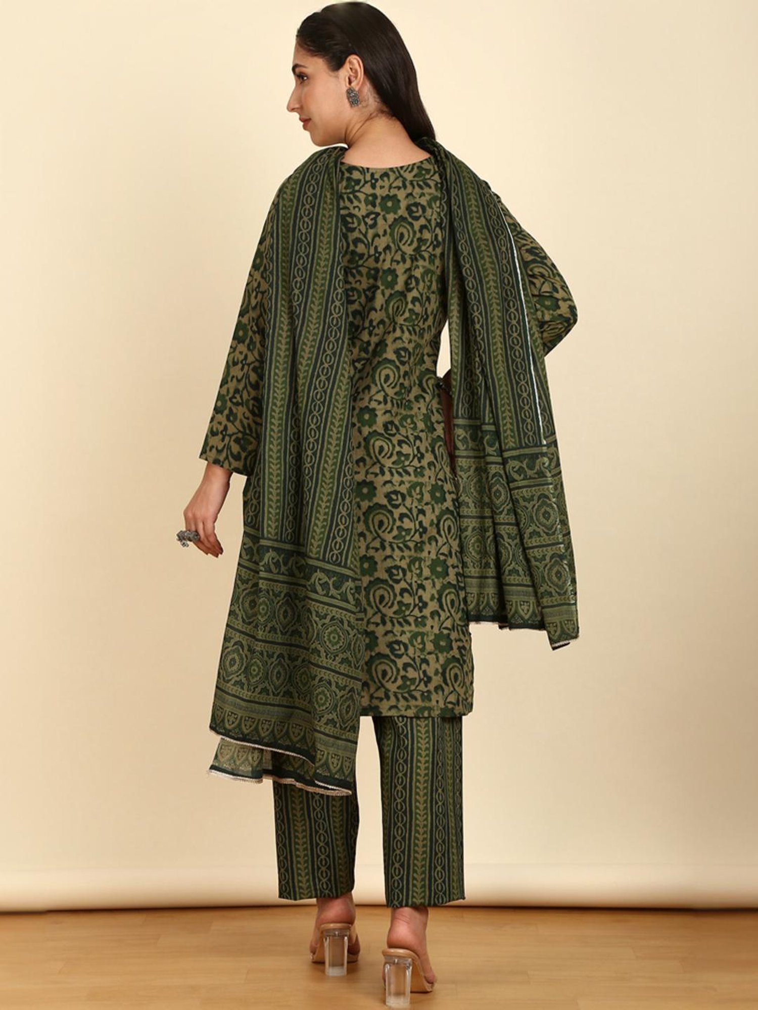 Soch Womens Olive Cotton Floral Print Unstitch Dress Material With Zari