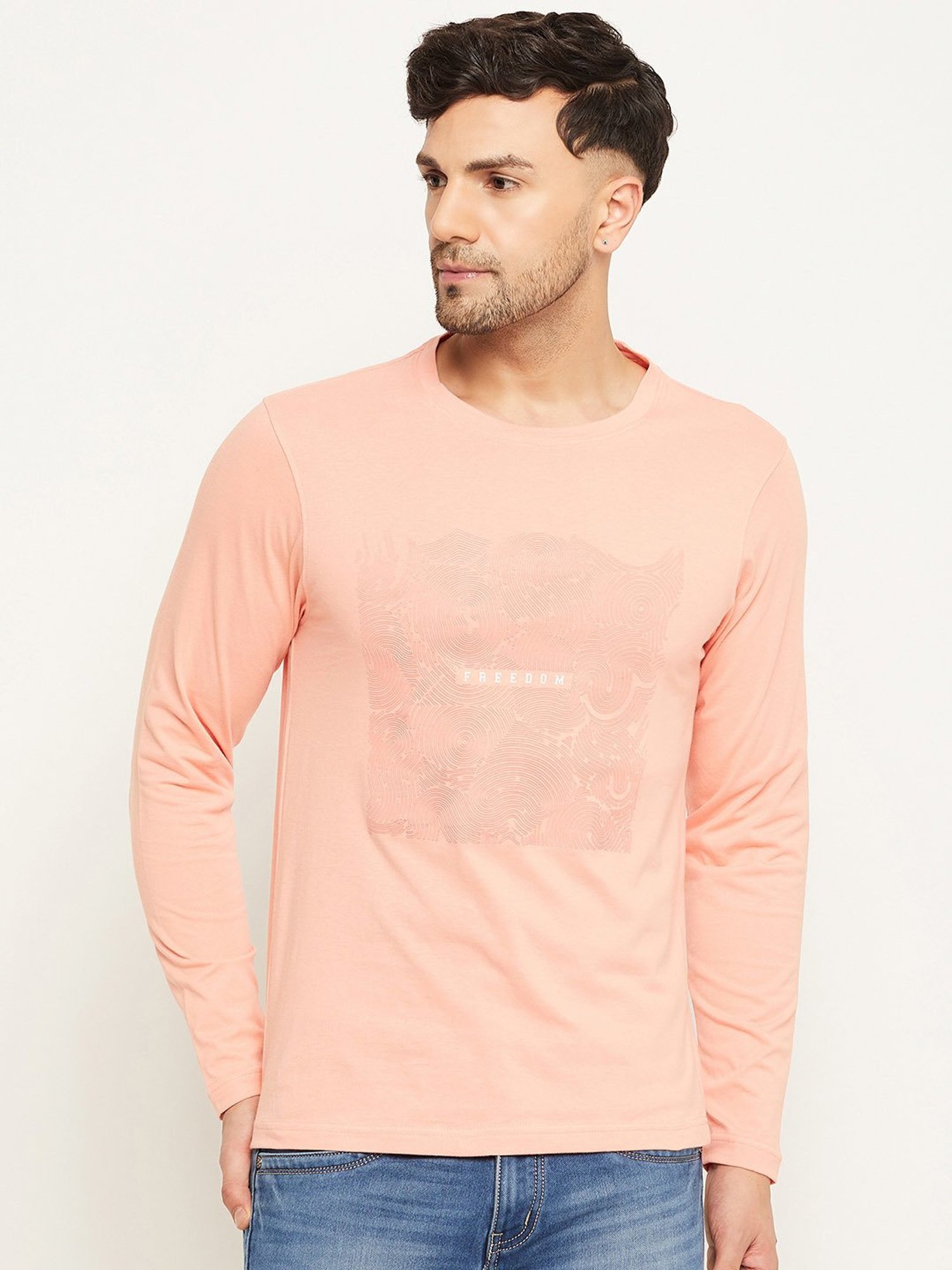 Club York Peach Regular Fit Printed Crew T-Shirt