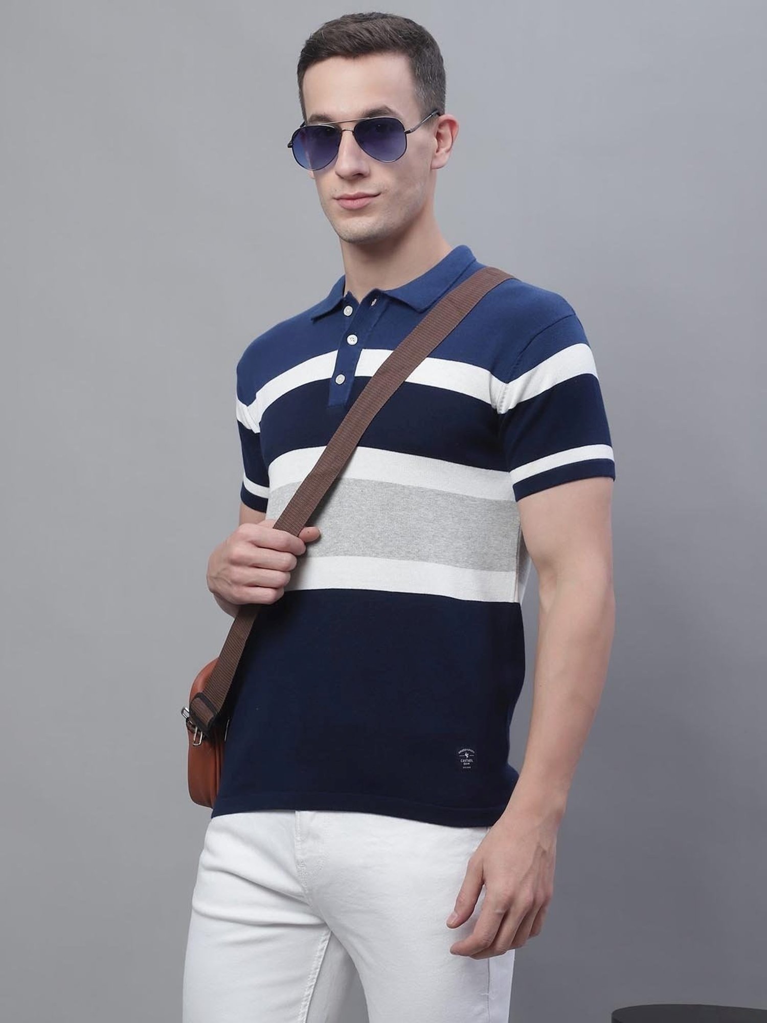 Cantabil Blue Cotton Regular Fit Striped Polo T-Shirt