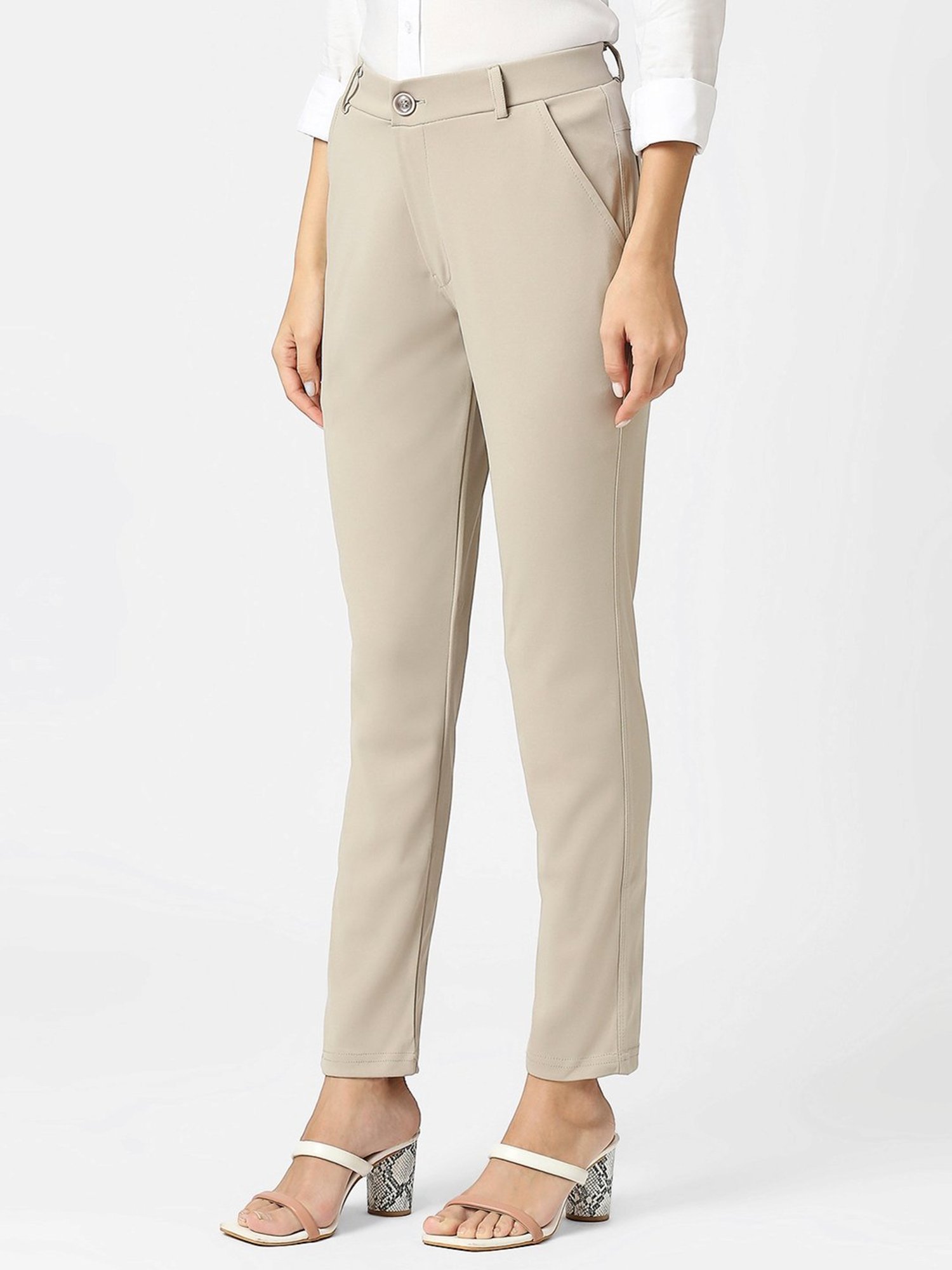 FITHUB Beige Slim Fit High Rise Trousers