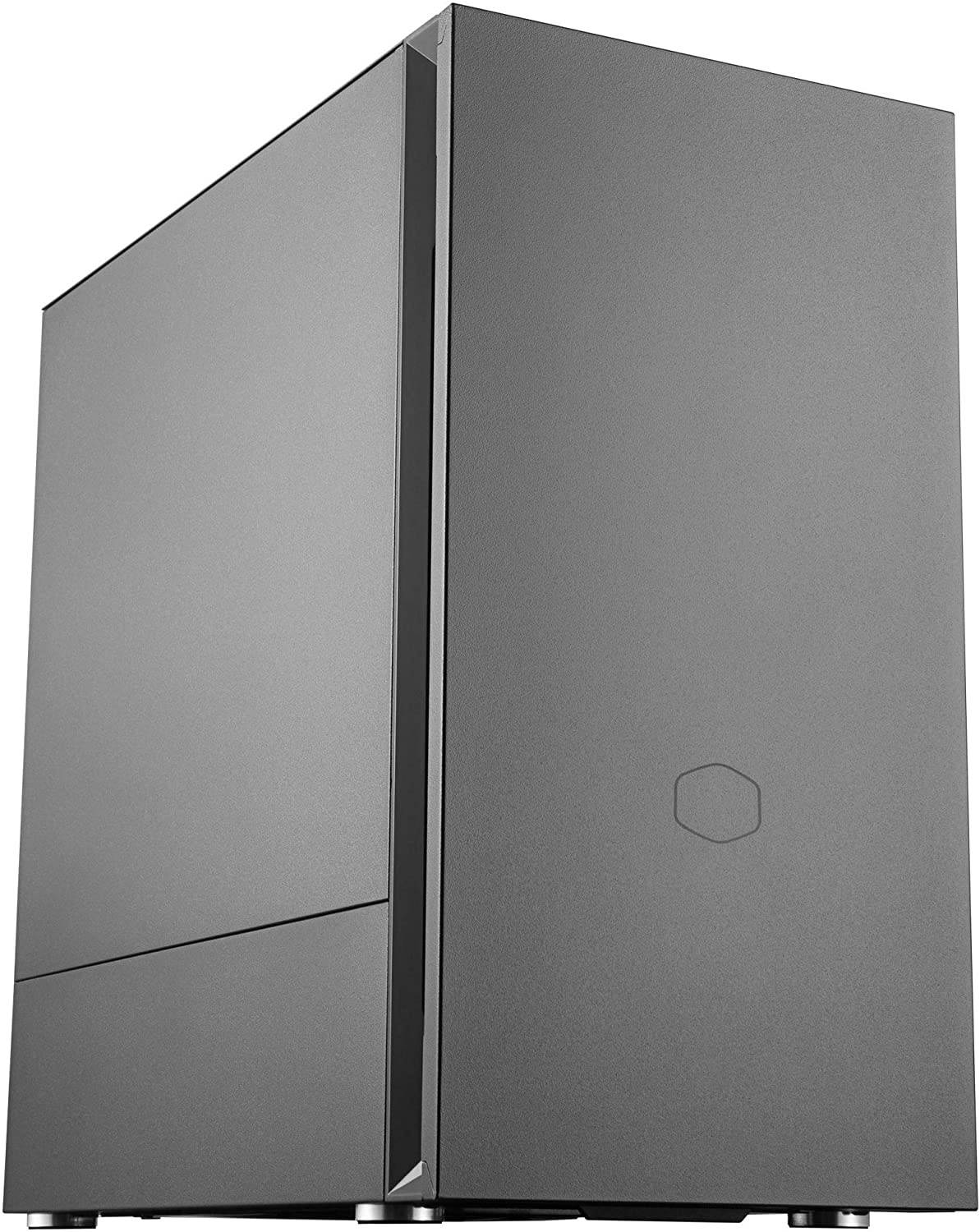 cooler master silencio s400 matx tower w/sounddampening material, sounddampened steel side panel, reversible front panel, sd card reader, and 2x 120mm pwm silencio fp fans