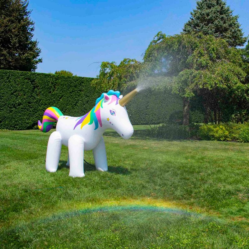 Swimline Humongous 6 Foot Tall Inflatable Magic Unicorn Kid's Outdoor Yard Water Sprinkler Toy with Integrated Eyelets & Ground Stakes, White/Rainbow