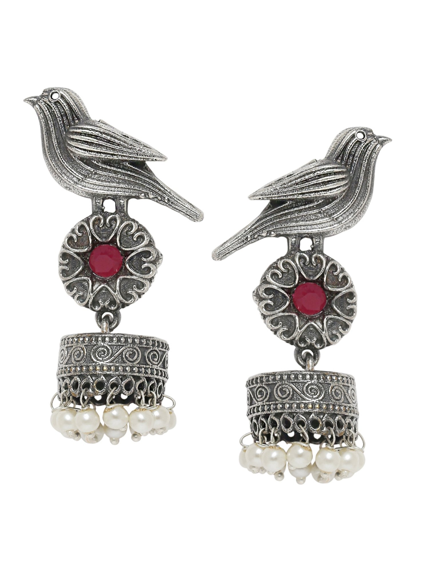 OOMPH Jewellery Oxidized Silver Look Alike Bird Design Maroon Stone & Pearls Ethnic Jhumki