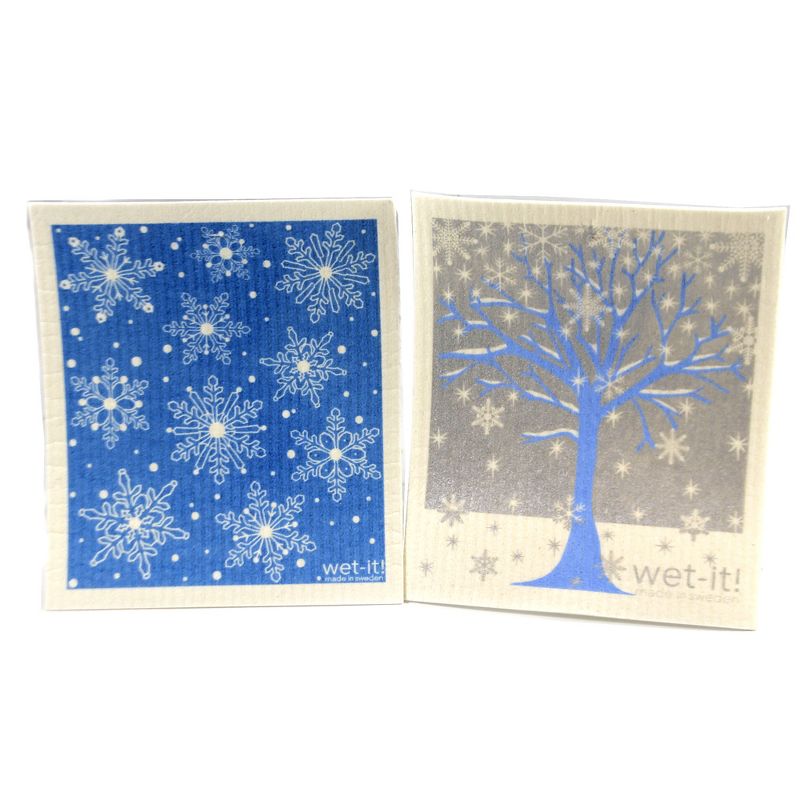 Swedish Dish Cloth 7.75" Winter Snow Tree Set Absorbent Cleaning Cloth Flakes  -  Dish Cloth