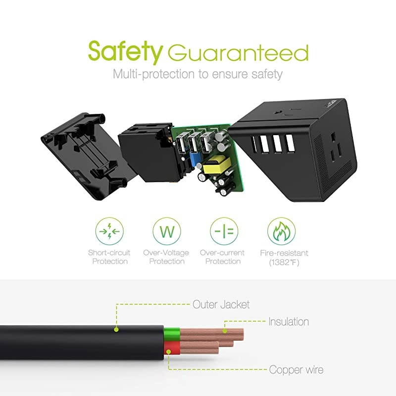 Power Strip Flat Plug with 3 USB 2 Outlet Desktop Charging Station with 5ft Extension Cord for Travel Dorm Room and Office Black KS2312