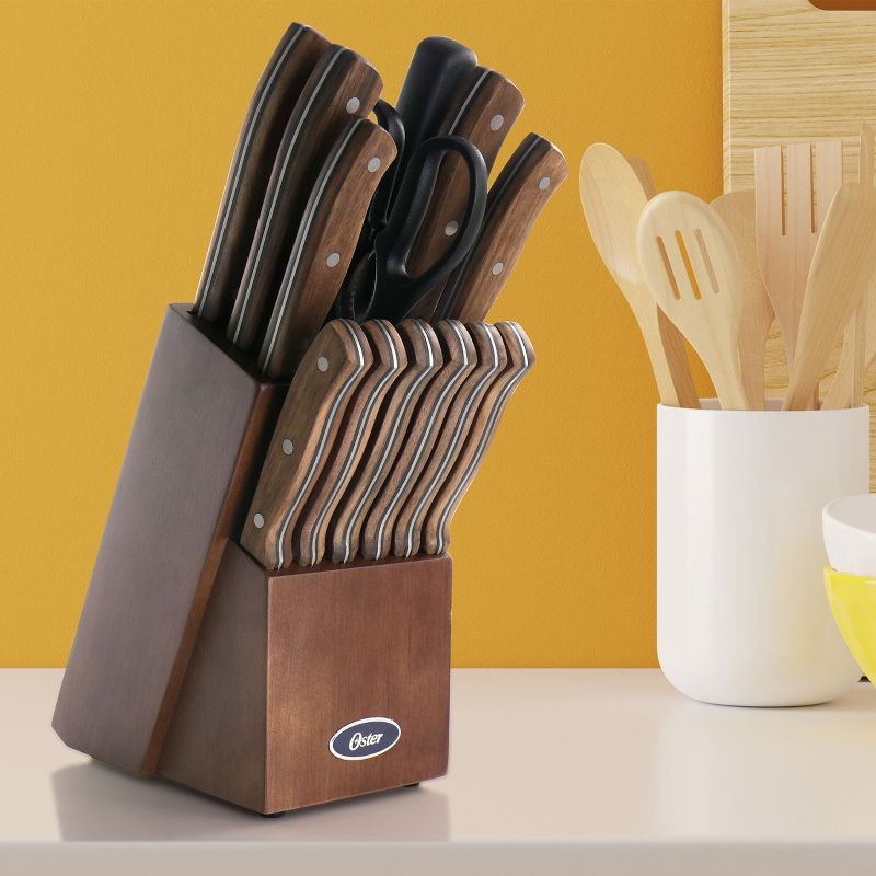 Oster Hensley 14 Piece Stainless Steel Cutlery Set in Black Walnut with Storage Block