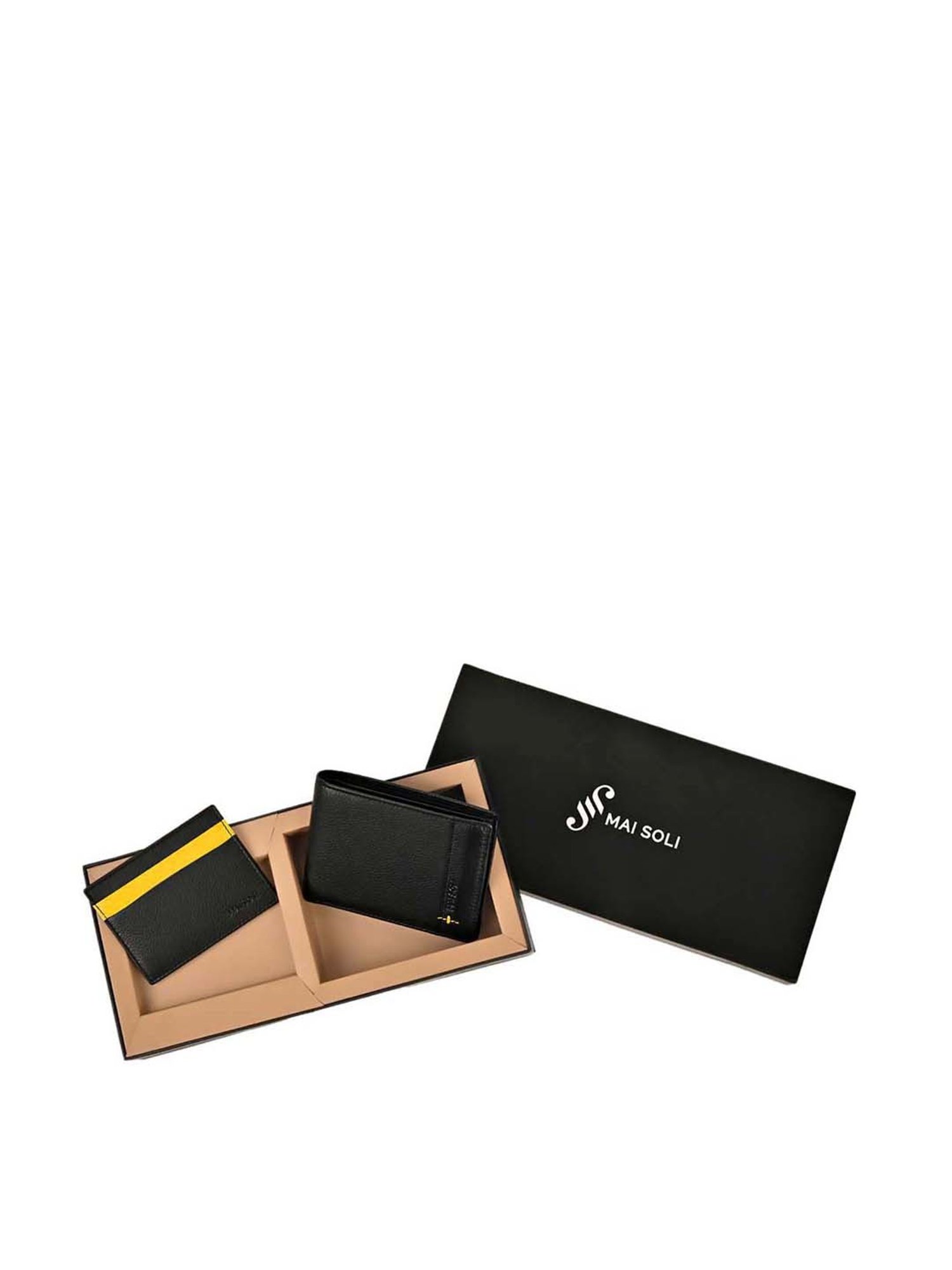 Mai Soli Black & Yellow Leather Bi-Fold Wallet & Card Holder Gift Set