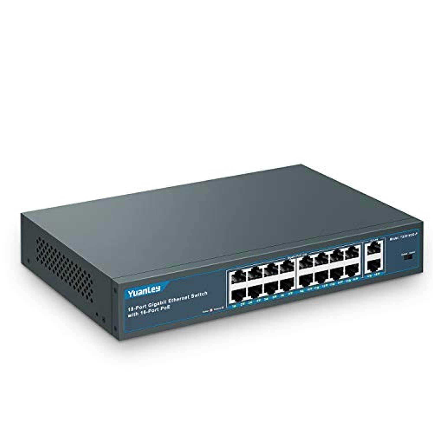 yuanley 18 port gigabit poe switch, 16 poe+ port 1000mbps, 2 gigabit uplink, 250w 802.3af/at, metal desktop/rackmount, unmanaged plug and play network switch