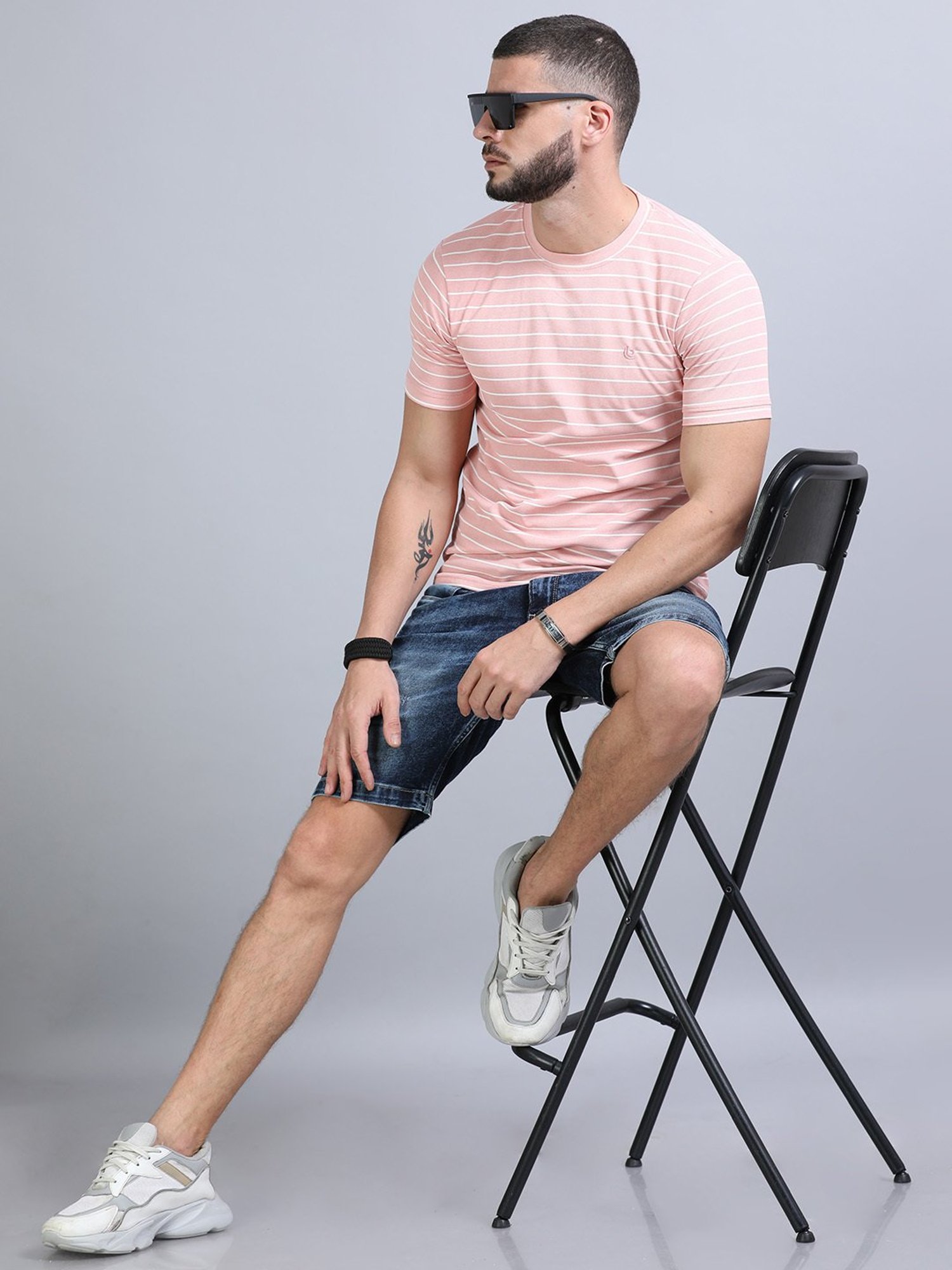 Bushirt Pink Regular Fit Striped Crew T-Shirt