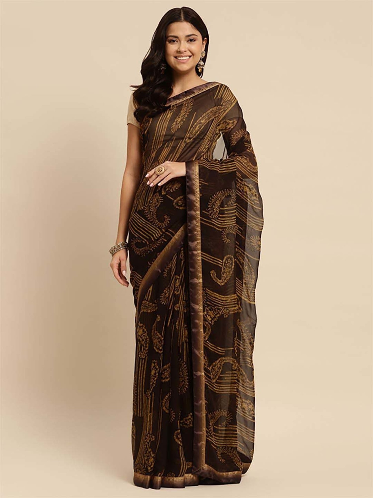Rangita Brown Paisley Print Saree With Unstitched Blouse