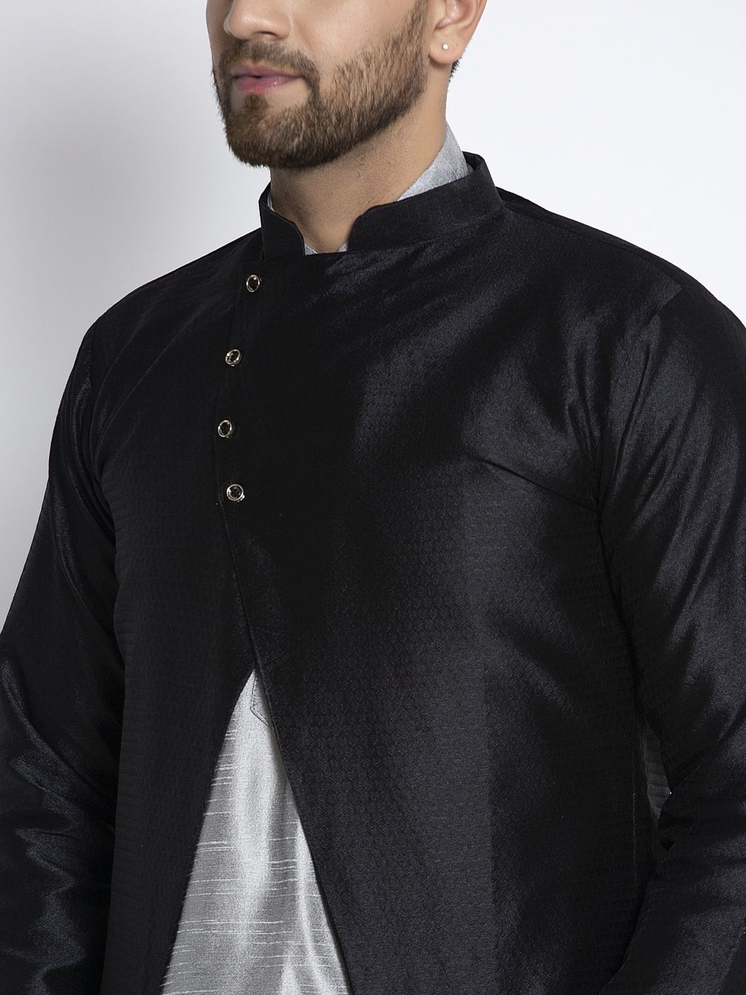Benstoke Grey & Black Regular Fit Self Pattern Kurta Set With Jacket