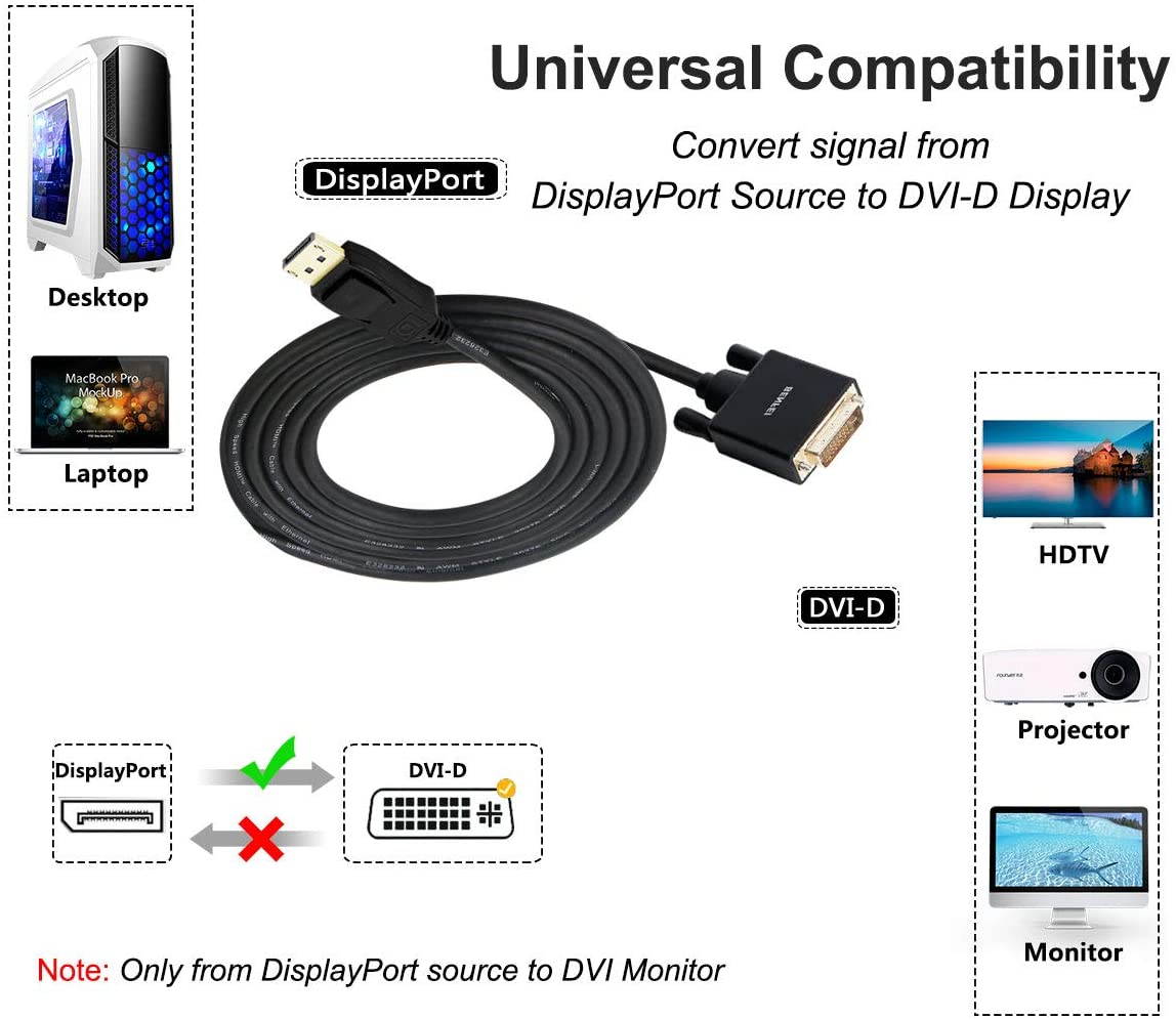 DisplayPort to DVI Adapter, Dp Display Port to DVI Converter Male to Male Gold-Plated Cord 6 Feet Black Cable for Lenovo, Dell, HP and Other Brand